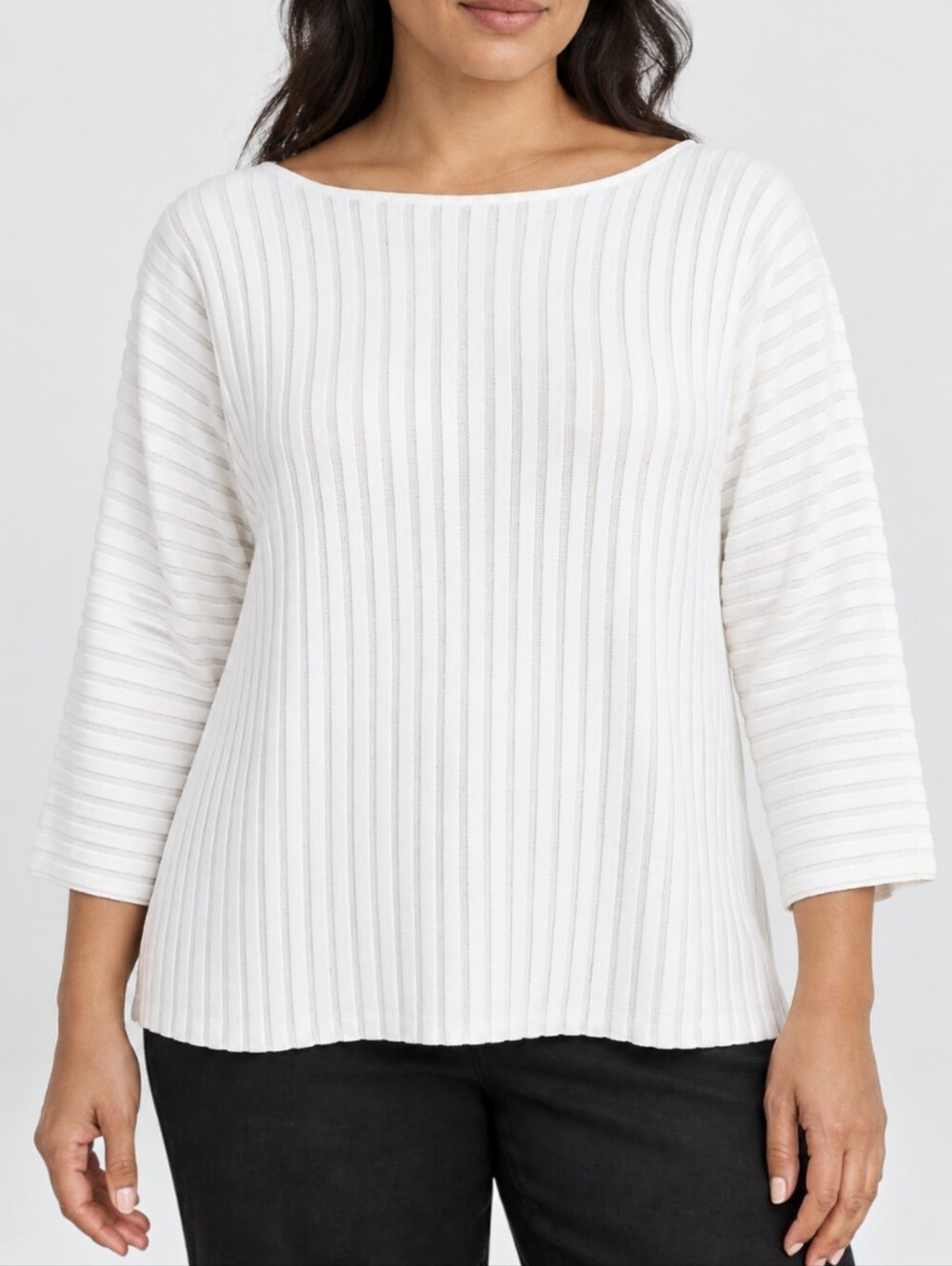 Eileen Fisher 100% Lyocell Rib Knit Boat Neck Boxy Top White 3/4 Sleeve L